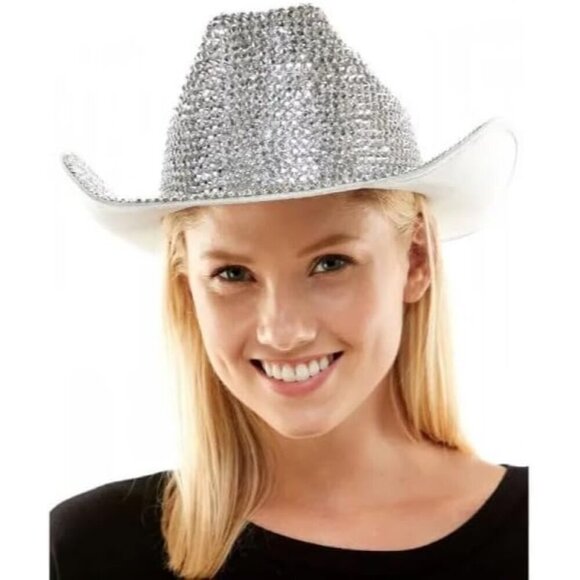 Silver Rhinestone Cowboy Hat Women Glitter Disco Western Fashion Accessory